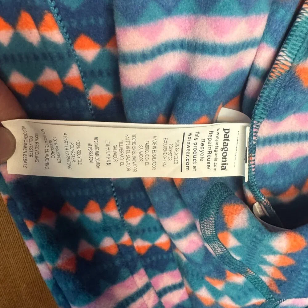 Patagonia Kids Footed One-Piece Fleece Romper in Teal, Pink & Orange Geo Print